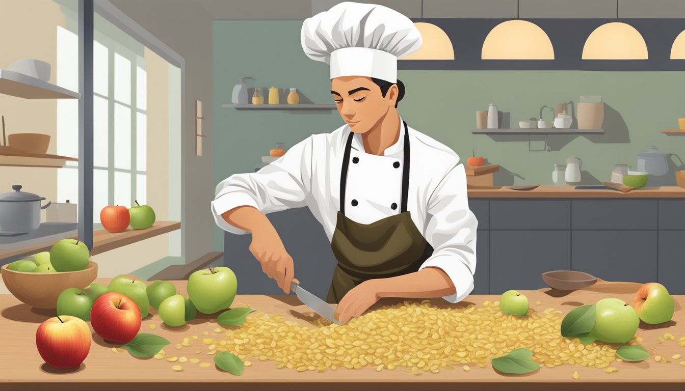 A chef slicing apples, seeds visible, with a question mark above them