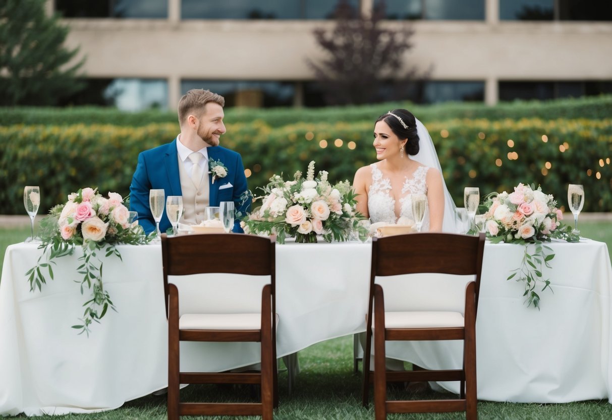 A flower-filled table with two empty chairs next to the bride and groom