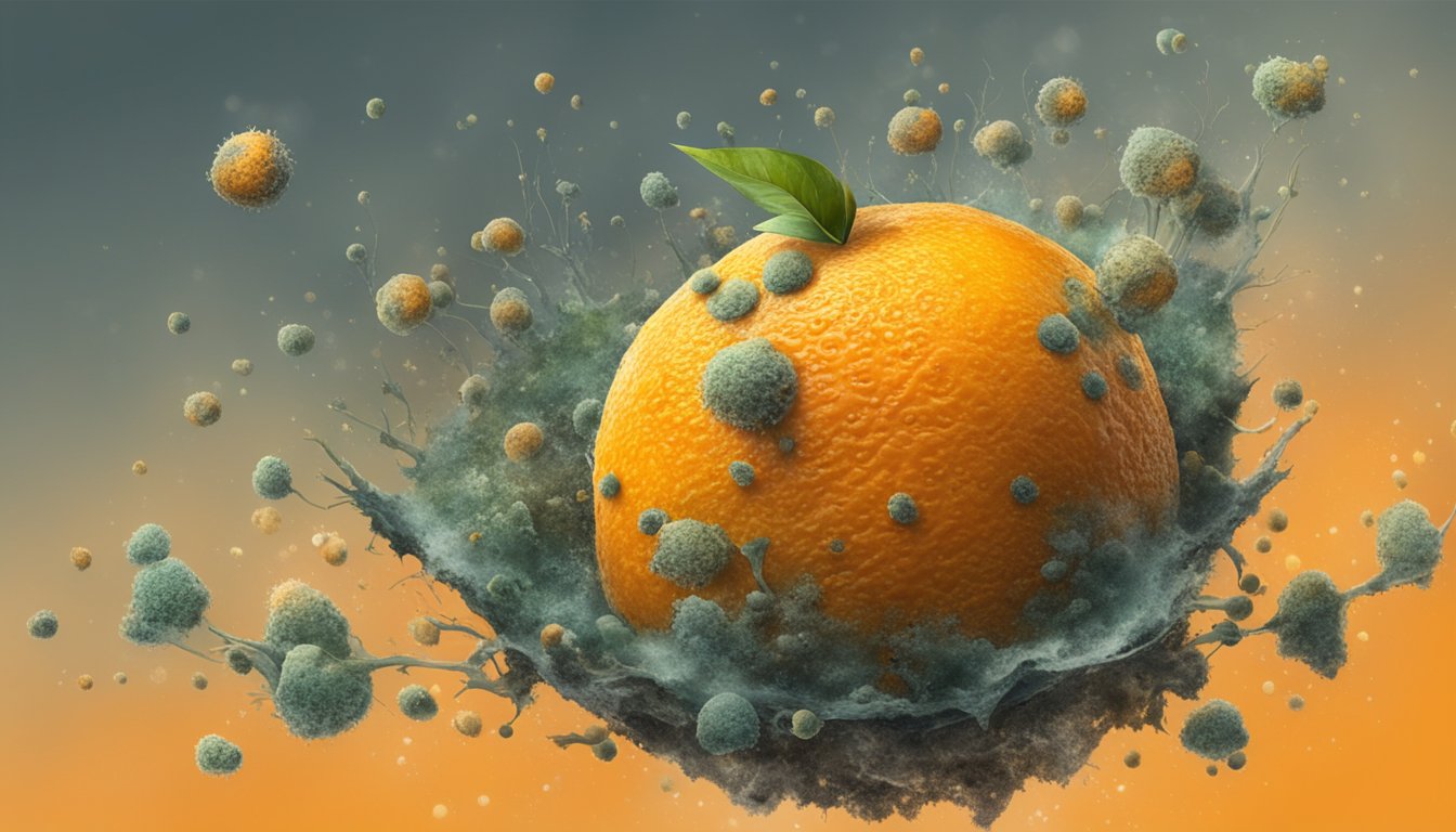 A moldy orange surrounded by spores and decay, with a visible impact on the fruit's texture and color