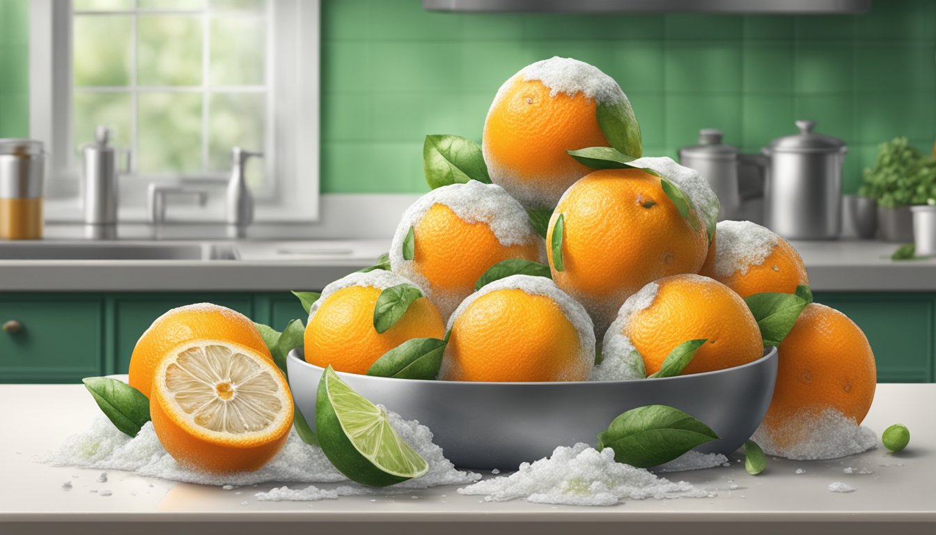 A pile of moldy oranges on a kitchen counter, with green and white mold covering the fruit