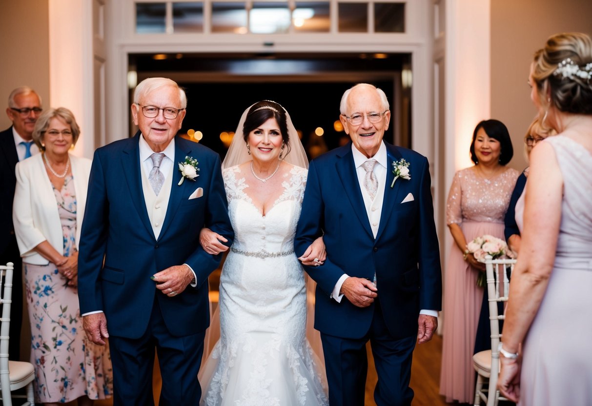 Elderly couple enters wedding reception, followed by the bride's parents