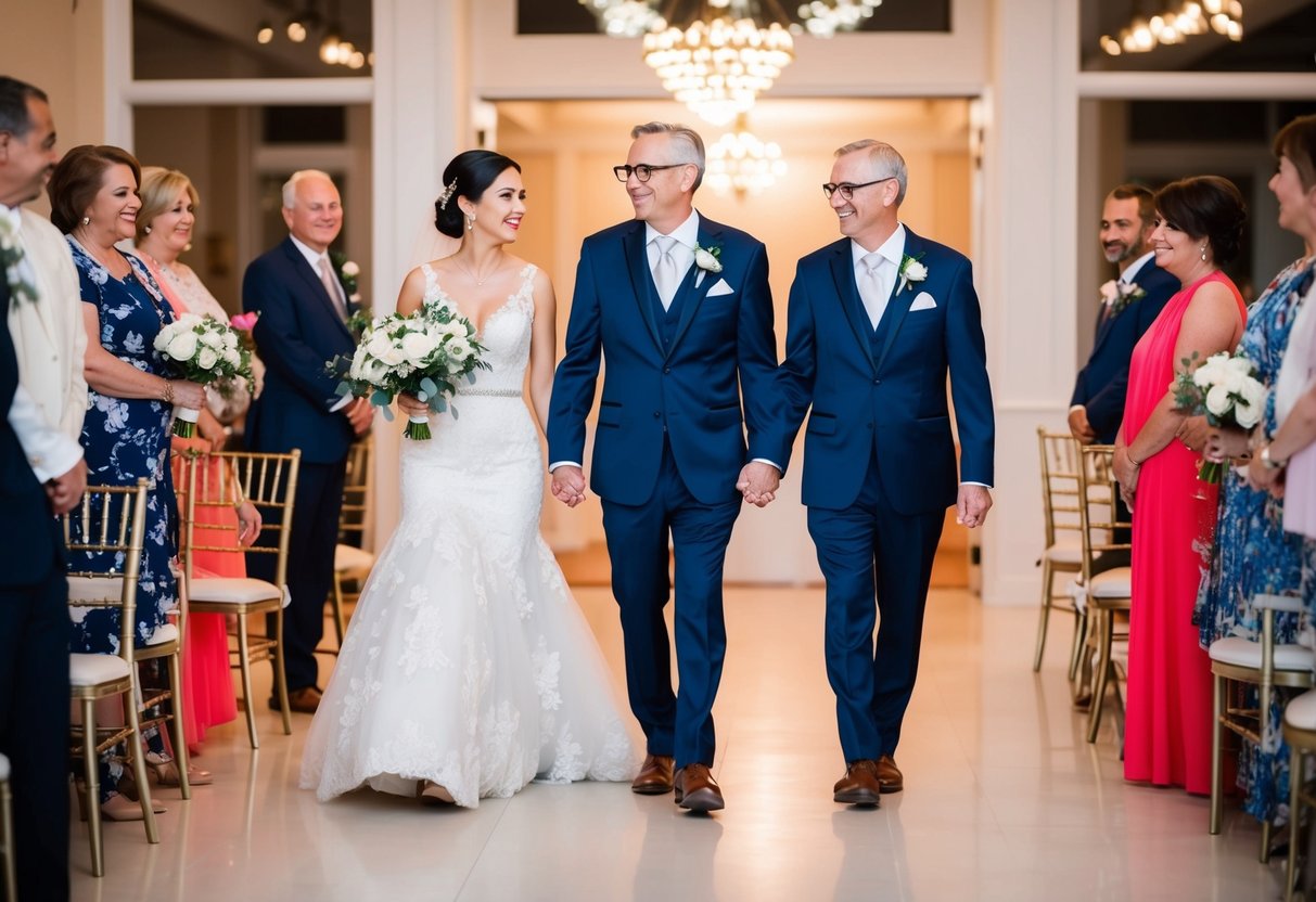 Parents walk hand in hand, leading the wedding processional into the reception hall, smiling and exchanging glances with their family and friends