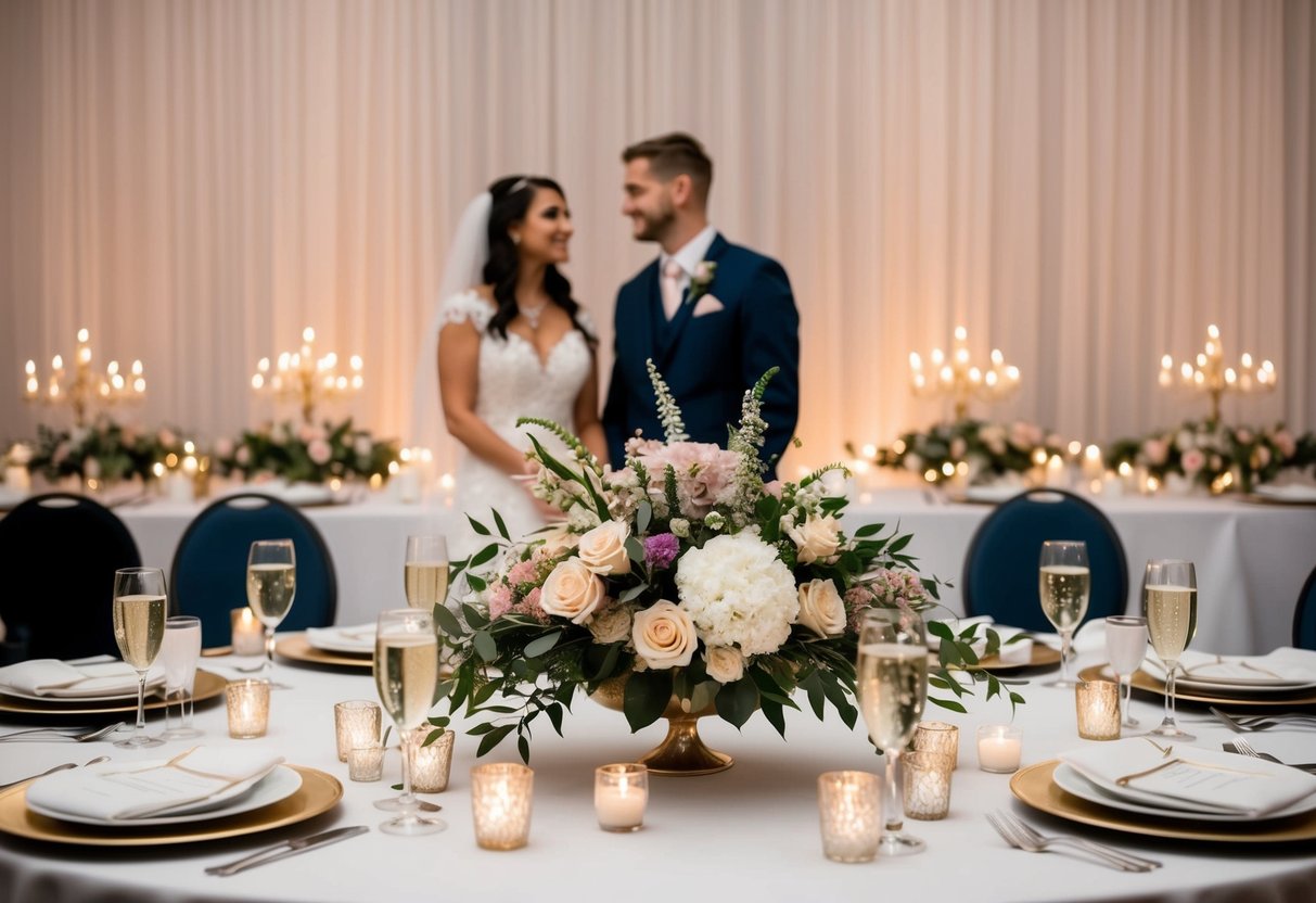 A floral centerpiece sits between the bride and groom at the top table, surrounded by elegant place settings and twinkling candlelight