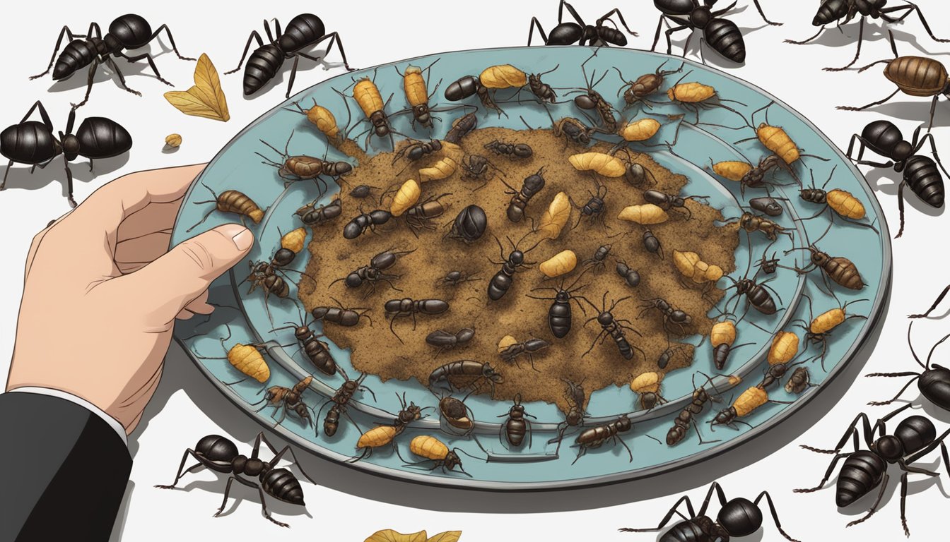 A person holding a plate of cooked ants, surrounded by historical artifacts related to entomophagy