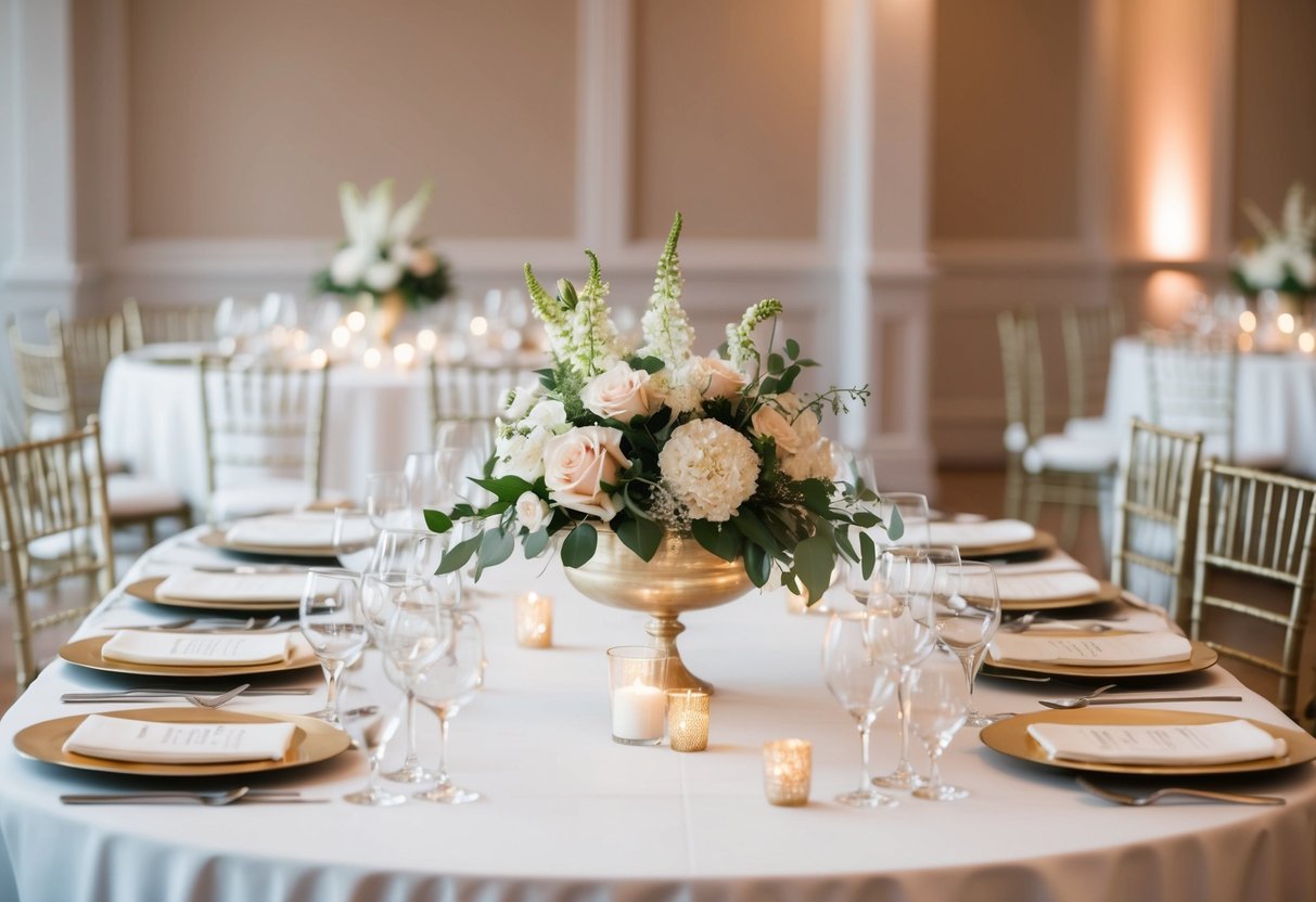 A beautifully decorated wedding reception with a long top table adorned with elegant place settings and floral centerpieces