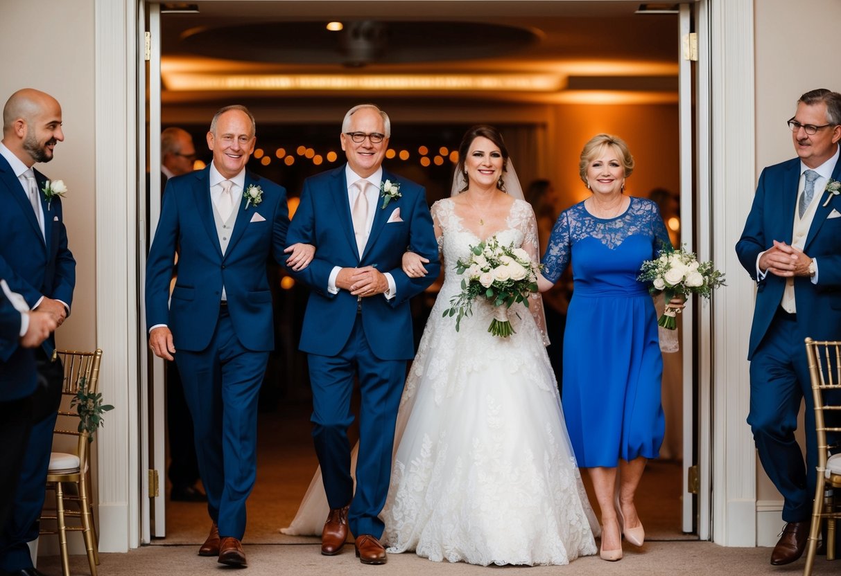 Parents arrive at the wedding reception, the father of the bride and his partner enter first, followed by the mother of the groom and her partner