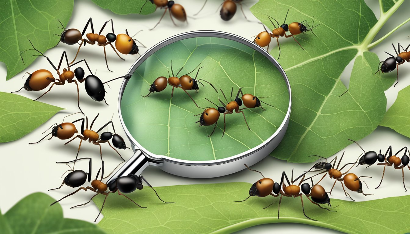 A close-up of ants crawling on a leaf, with a magnifying glass showing their nutritional profile