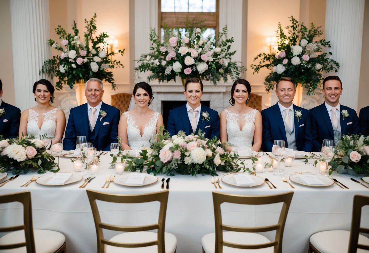 A beautifully decorated top table with elegant place settings and floral arrangements. The bride and groom are seated in the center, with their closest family members and wedding party seated beside them