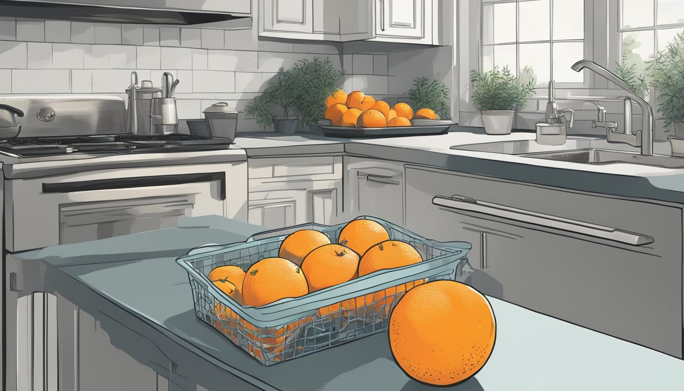 A hand reaching for a moldy orange, with a crossed-out symbol over it, next to a pile of fresh oranges in a clean, well-lit kitchen