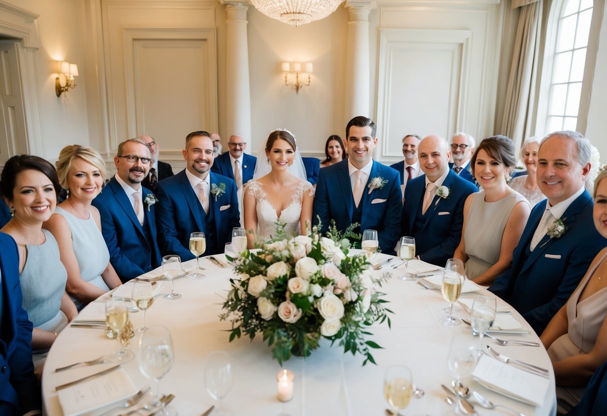 A round table with bride and groom in the center, flanked by close family and friends on either side, creating an intimate and inclusive atmosphere