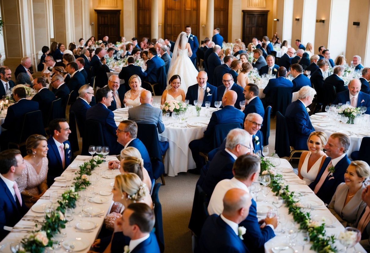 Guests fill tables in a grand hall, seated in clusters, chatting and laughing. The bride and groom sit at a raised table, surrounded by family and close friends