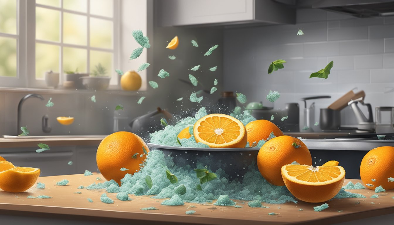 A pile of moldy oranges sits on a kitchen counter, surrounded by flies. A trash can nearby is open, ready to receive the spoiled fruit