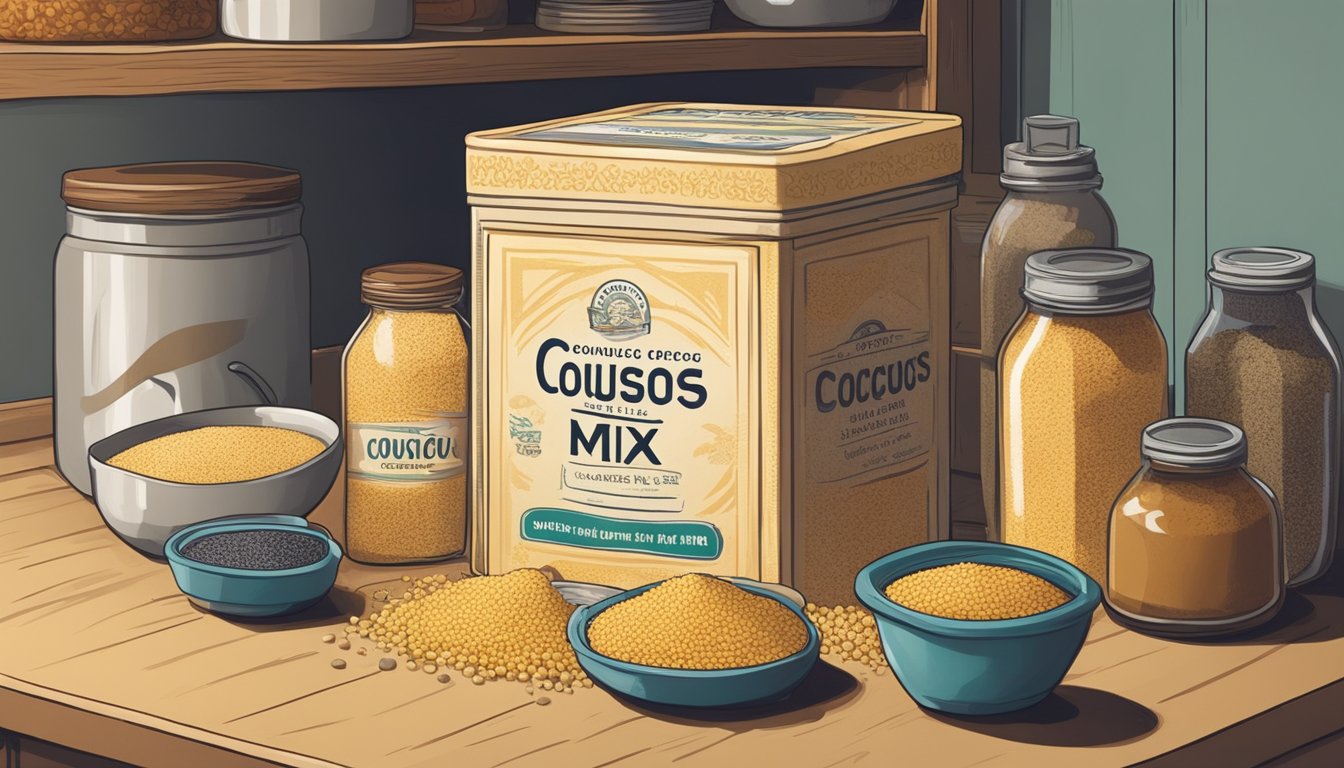 A dusty, forgotten box of expired couscous mix sits on a cluttered pantry shelf, surrounded by other neglected food items