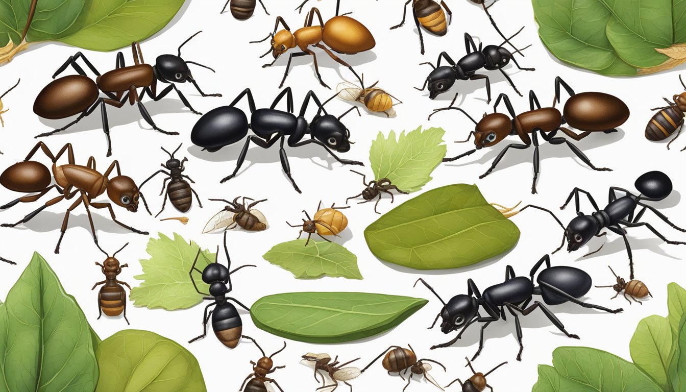 A close-up of various edible ant species crawling on a forest floor