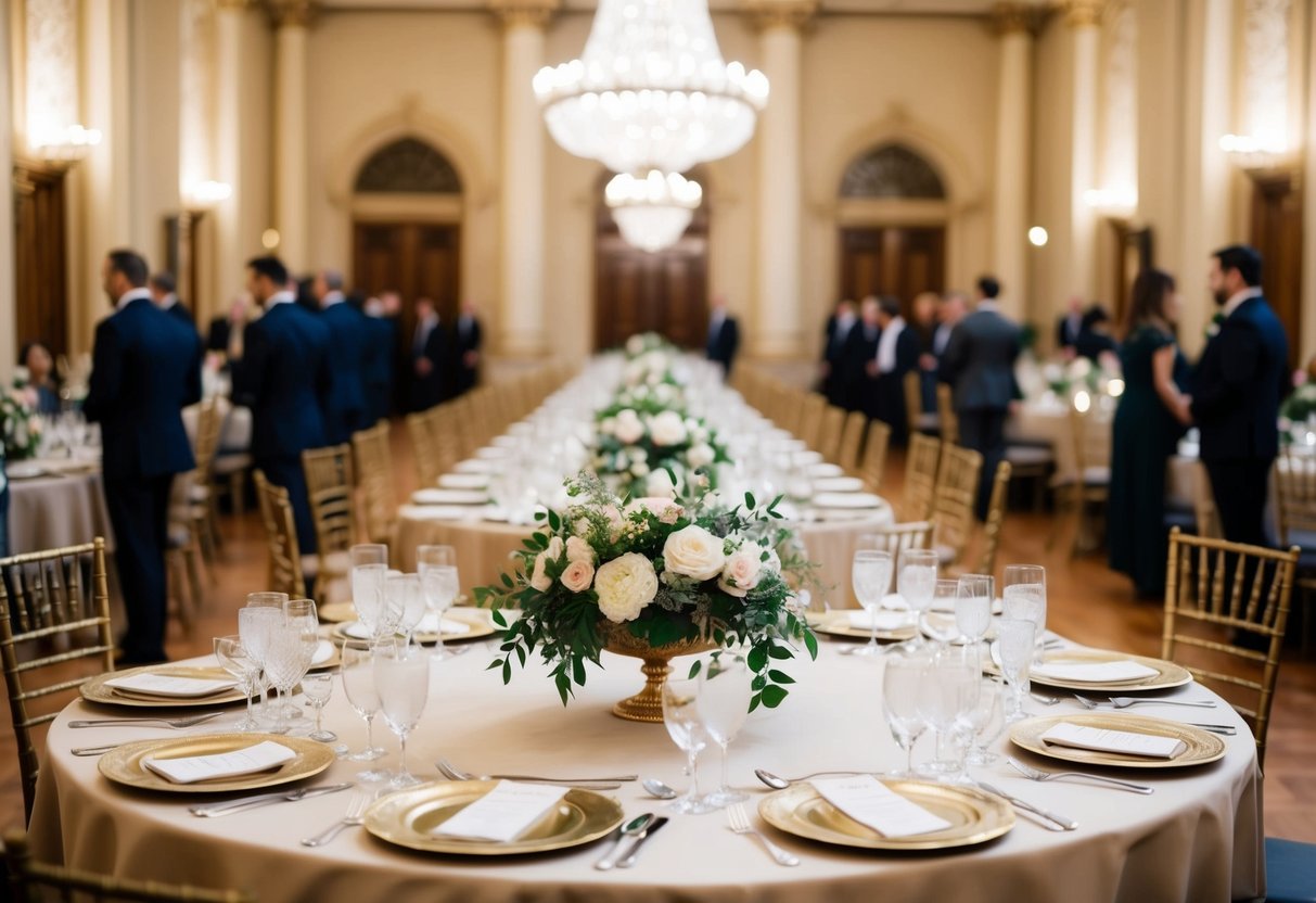 A grand banquet hall with an ornate top table, adorned with elegant place settings and floral arrangements, awaits the final decision on seating