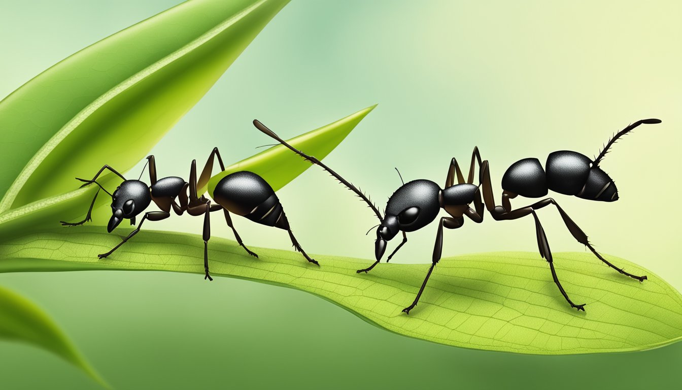 A close-up of a line of ants crawling on a leaf, with one ant carrying a small piece of food