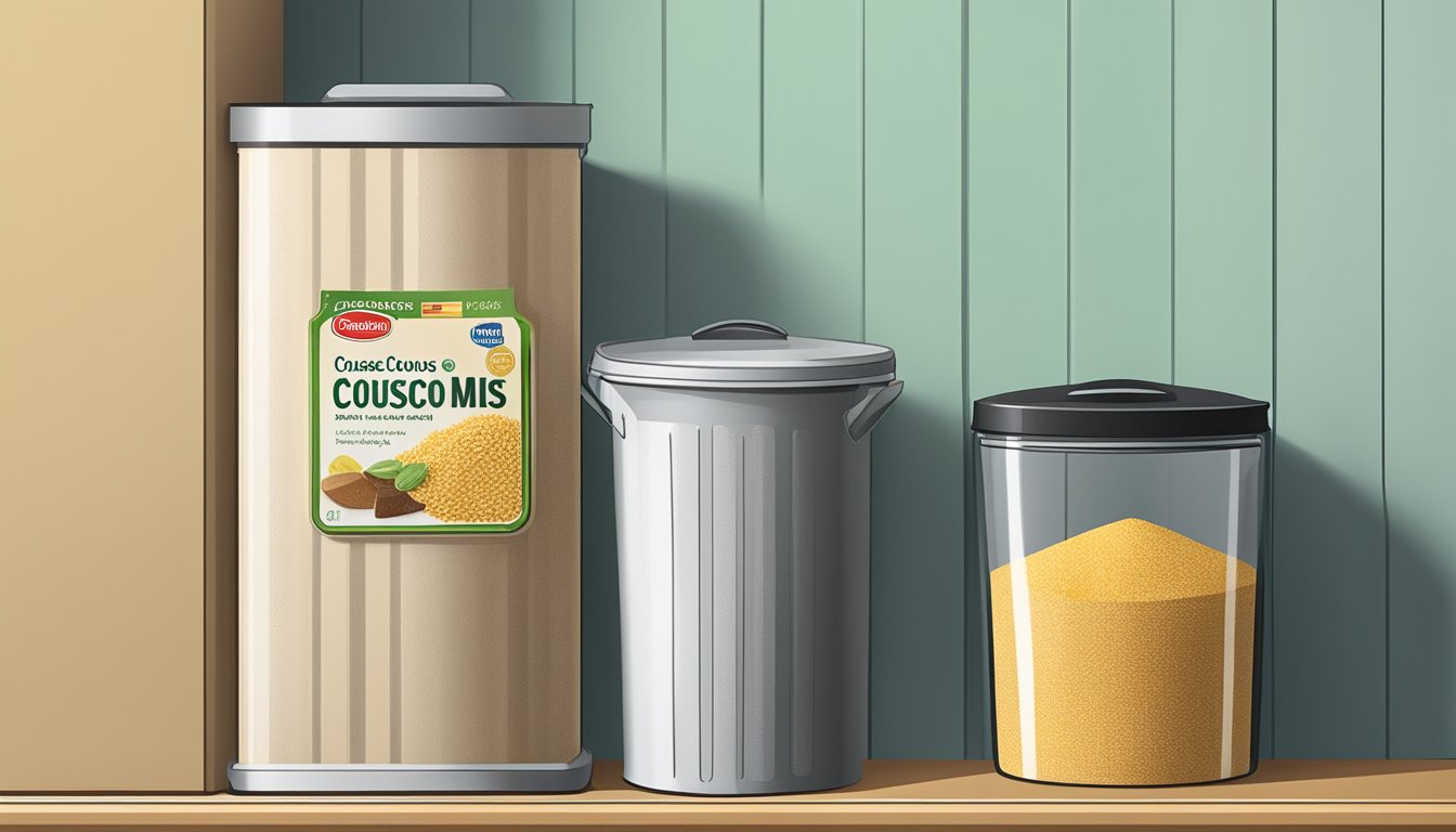 A pantry shelf with expired couscous mix next to a trash can