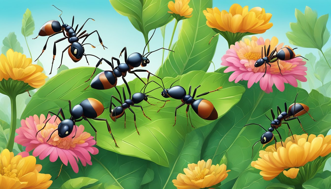 A group of ants crawling on a leafy green plant, surrounded by vibrant flowers and a clear blue sky