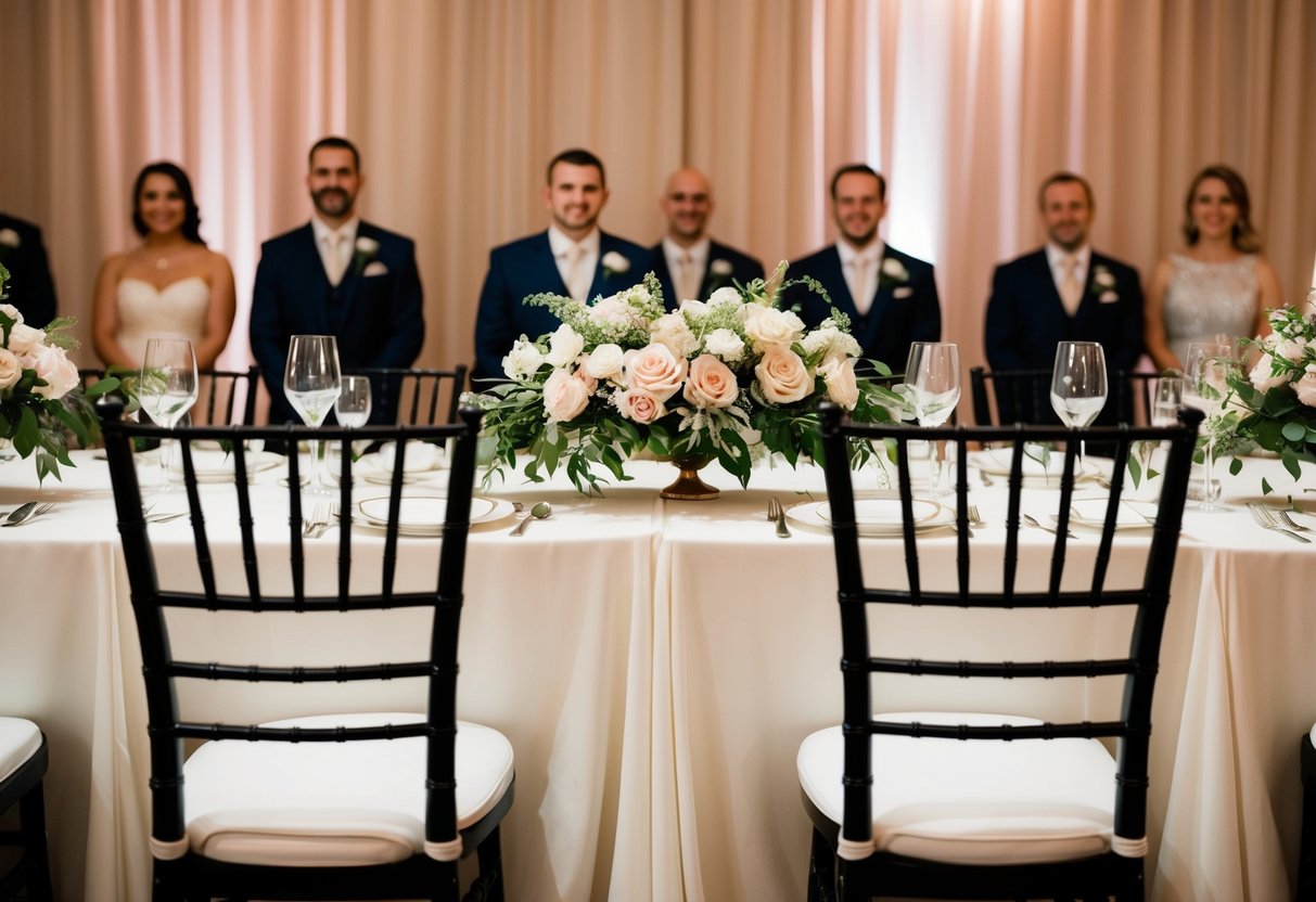 A floral centerpiece sits between the bride and groom at the reception, with two empty chairs on either side