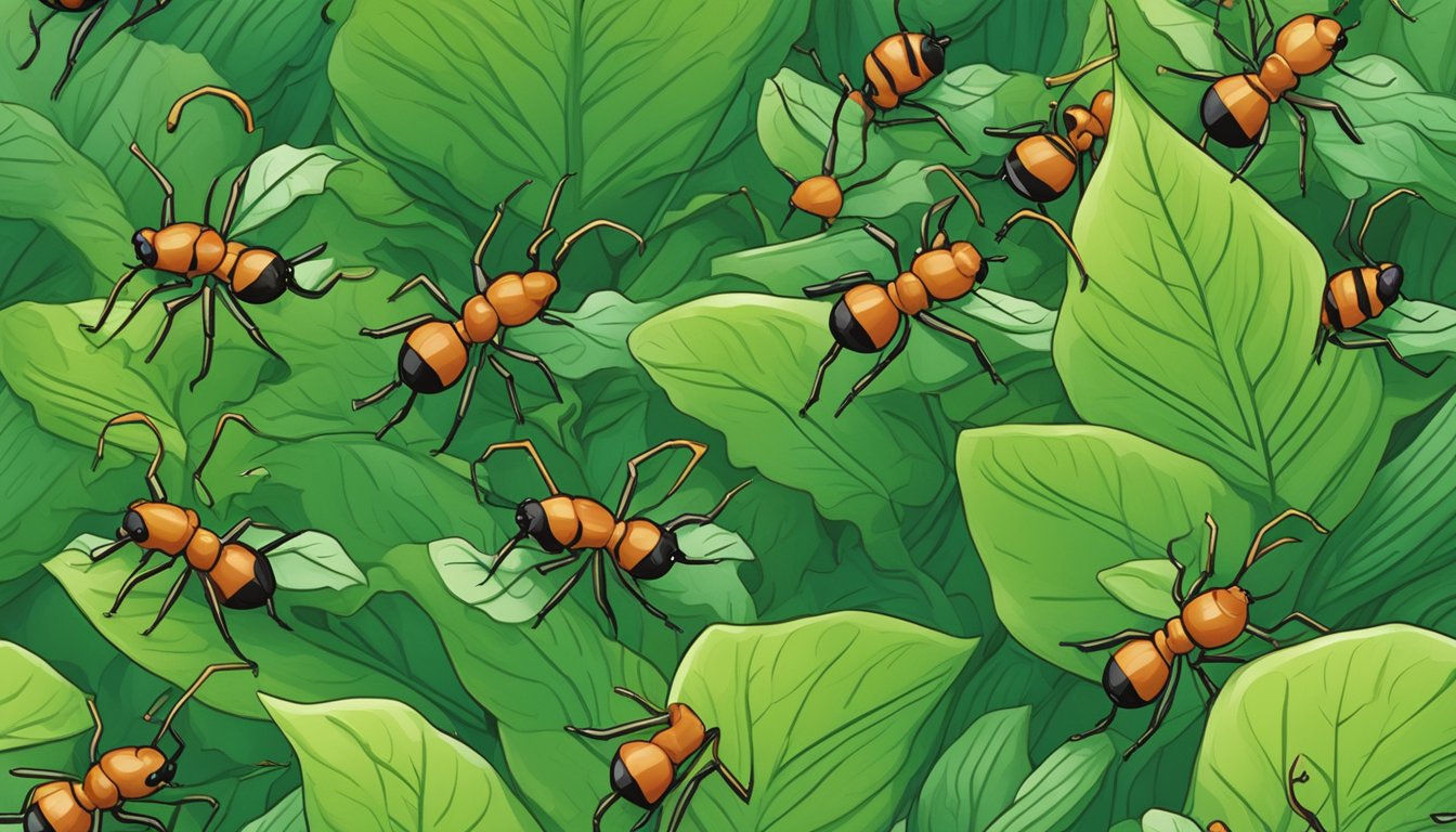 A close-up of ants crawling on a leafy green plant, with a question mark hovering above them