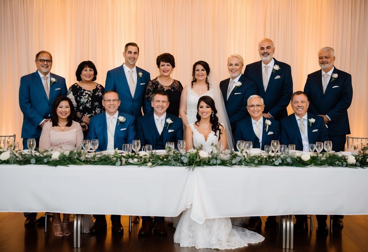 The bride and groom sit at the center of a long banquet table, flanked by their parents and closest family members