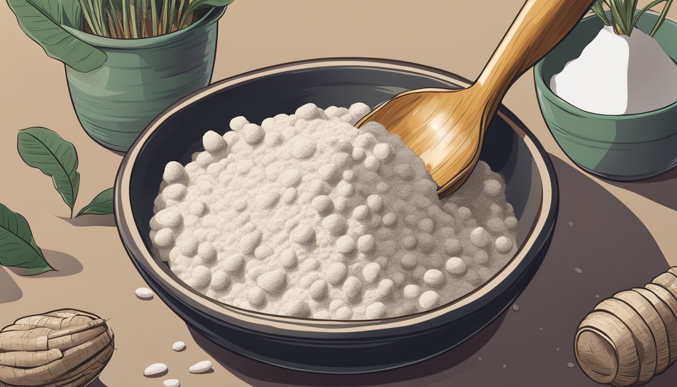 A bowl of arrowroot powder sits next to a pile of fresh arrowroot roots, with a mortar and pestle for grinding. A woman holds a spoonful of arrowroot powder, looking curious