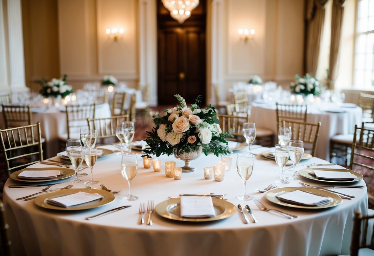 A grand table set for three, adorned with elegant tableware and flowers, sits at the center of the room, awaiting the arrival of the bride and groom