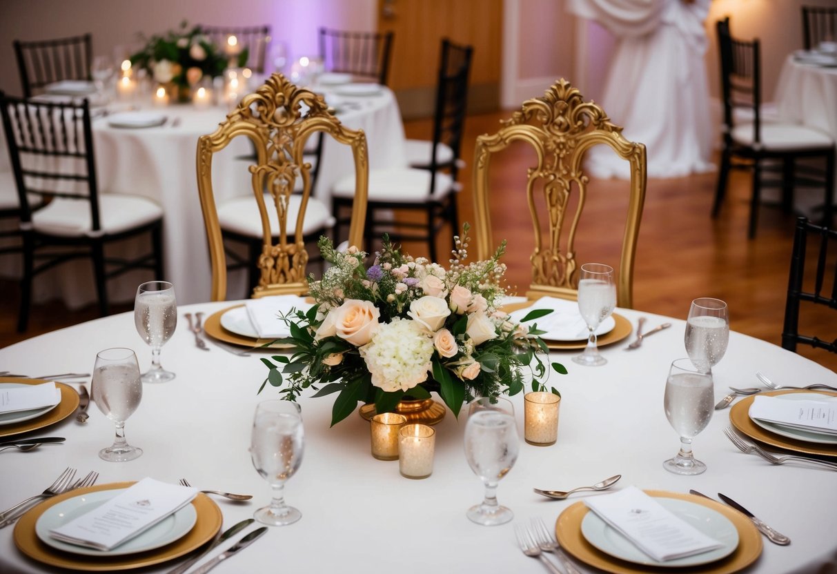 A round table set for a wedding reception, with two ornate chairs at the head, adorned with flowers and candles, and two place settings closest to the chairs