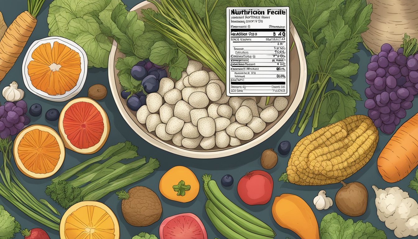 A bowl of arrowroot surrounded by various fruits and vegetables, with a nutrition label next to it