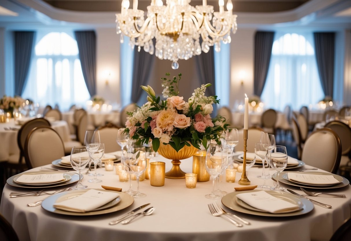 A grand table set with elegant place settings, adorned with fresh flowers and candles, centered beneath a beautiful chandelier