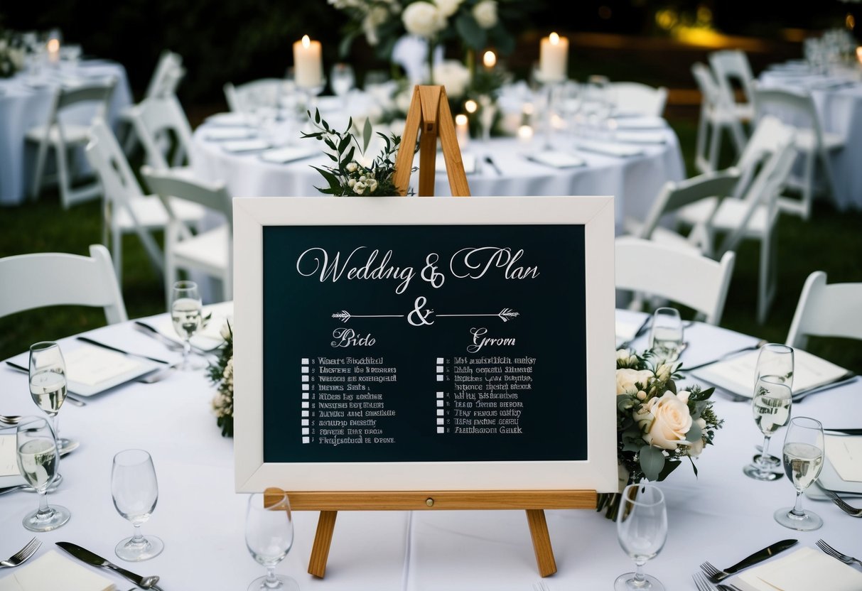 A wedding seating plan with designated tables for the bride and groom, surrounded by assigned tables for family and friends
