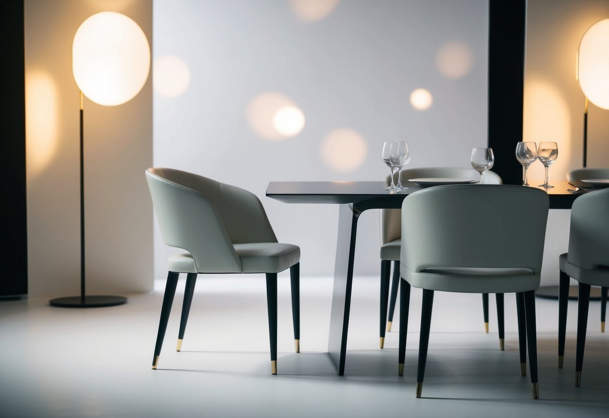 A sleek, minimalist table setting with elegant, contemporary chairs, set against a backdrop of soft, ambient lighting and modern decor