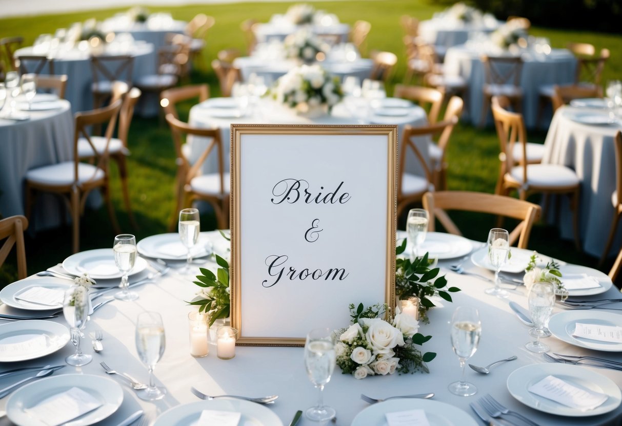 A wedding seating chart with a designated table for the bride and groom, surrounded by neatly arranged tables and chairs
