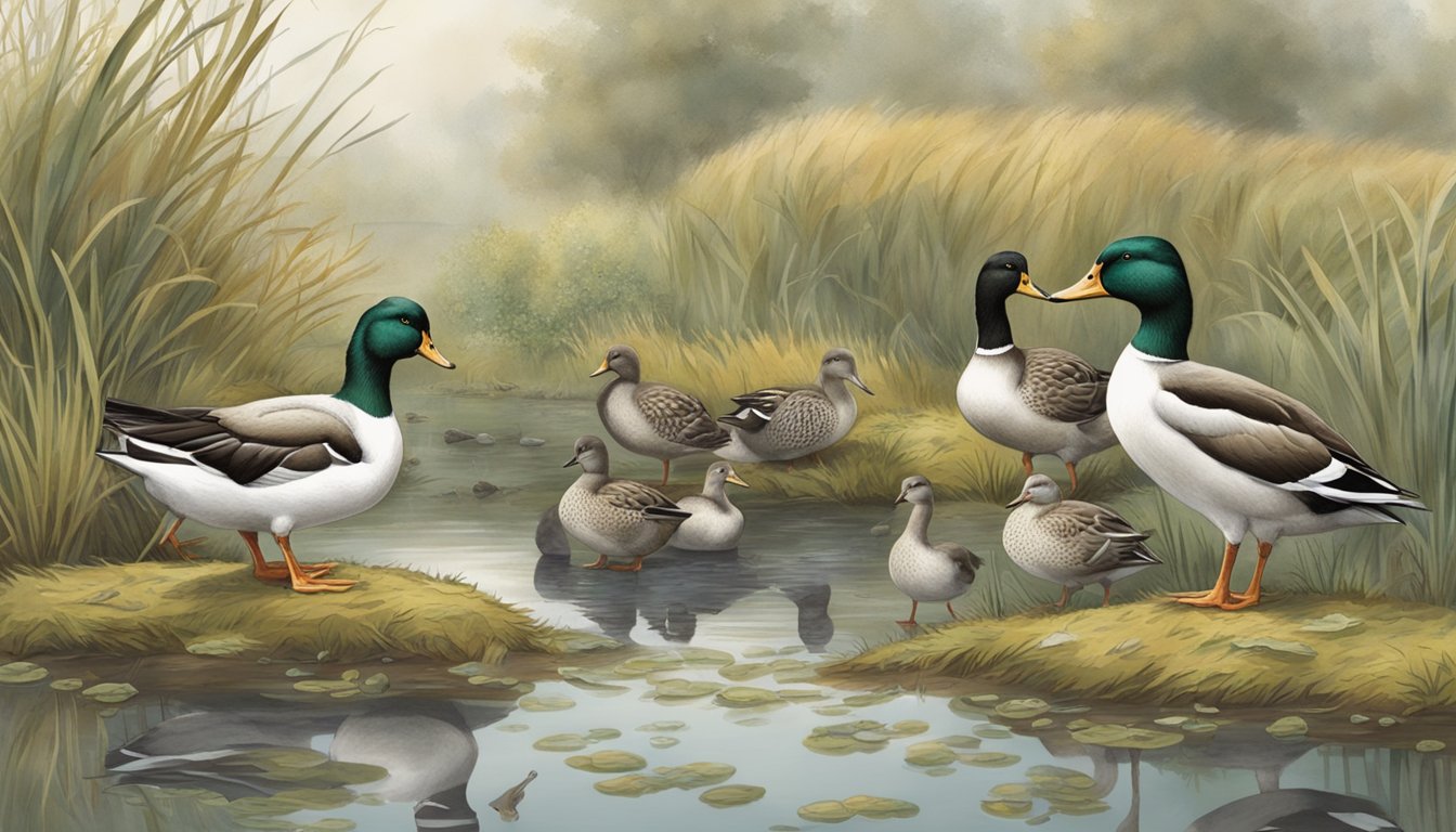 A group of waterfowl gather near a pond, one duck pecks at moldy bread while others watch cautiously