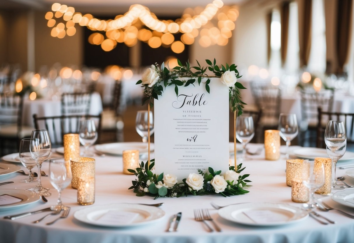 A decorative table plan with designated seating for the bride and groom at a wedding reception