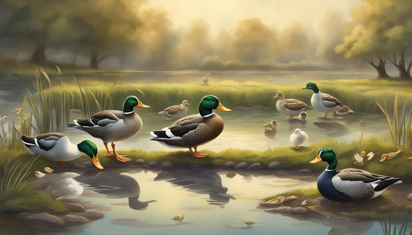 A group of ducks gathered by a pond, some pecking at moldy bread scattered on the ground