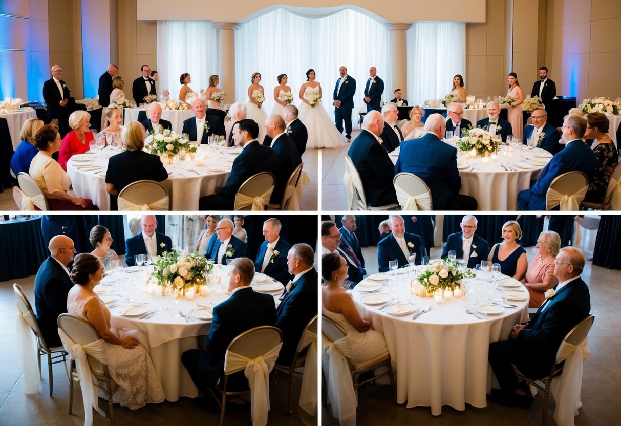 A wedding reception with two separate tables for the divorced parents of the bride, each surrounded by their respective families and friends