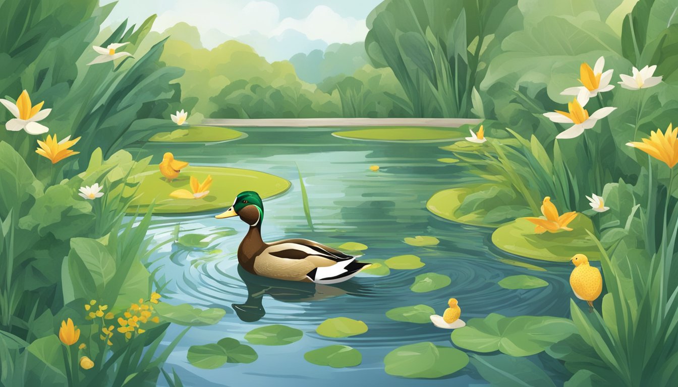 Ducks swimming in a pond, surrounded by greenery. A variety of healthy duck-friendly foods, such as leafy greens and grains, are scattered on the ground