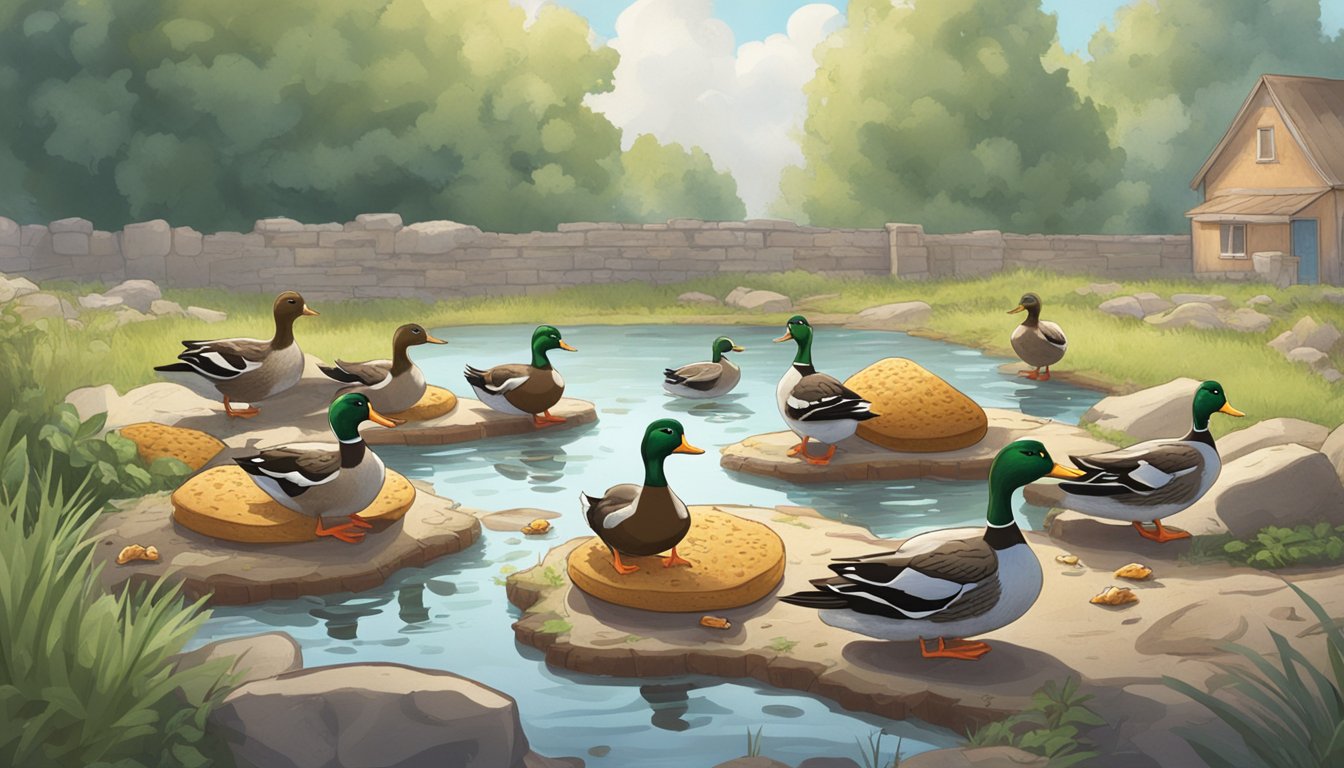 A group of ducks eagerly peck at a pile of moldy bread on the ground, while others swim in a nearby pond