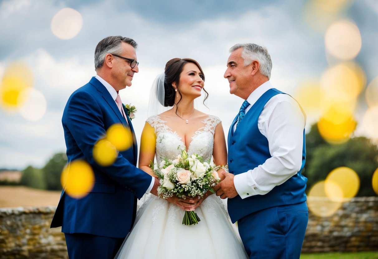 A bride stands between her divorced parents, each offering support and love, as they navigate the delicate balance of sharing her special day