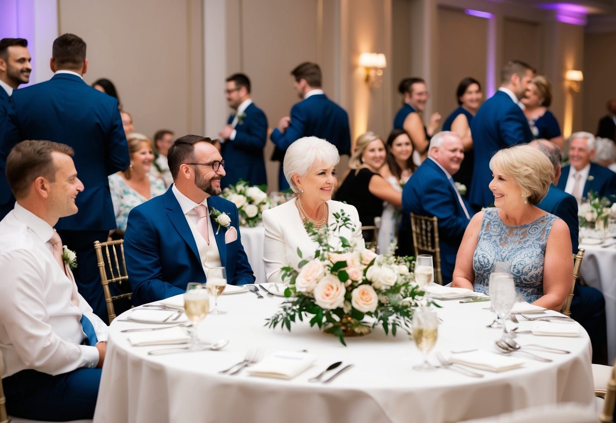 The mother of the groom sits at a round table adorned with a white tablecloth and elegant floral centerpieces, surrounded by other guests enjoying the reception