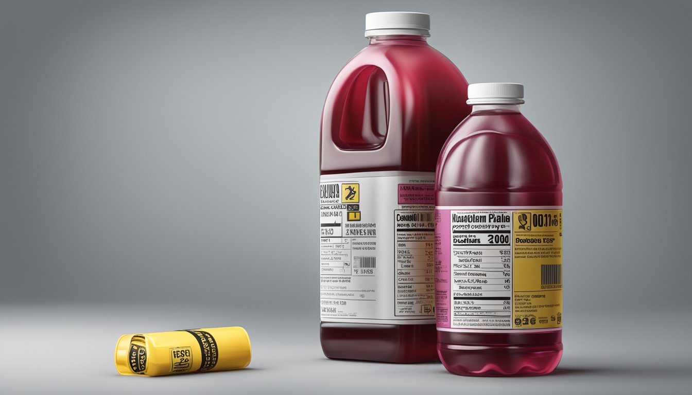 A bottle of expired cranberry juice with a visible expiration date, surrounded by caution signs and a warning label