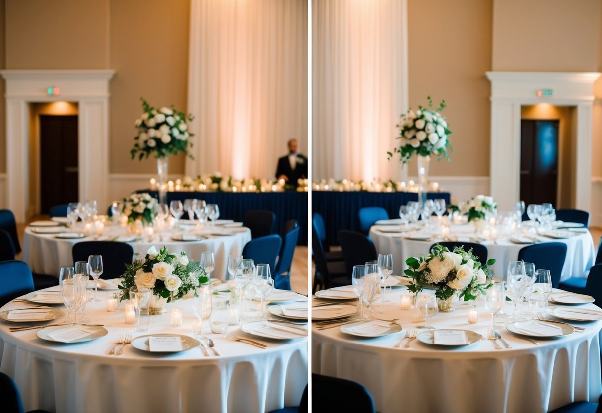 A wedding reception with two separate tables for the divorced parents of the bride. Each table is adorned with elegant place settings and floral centerpieces