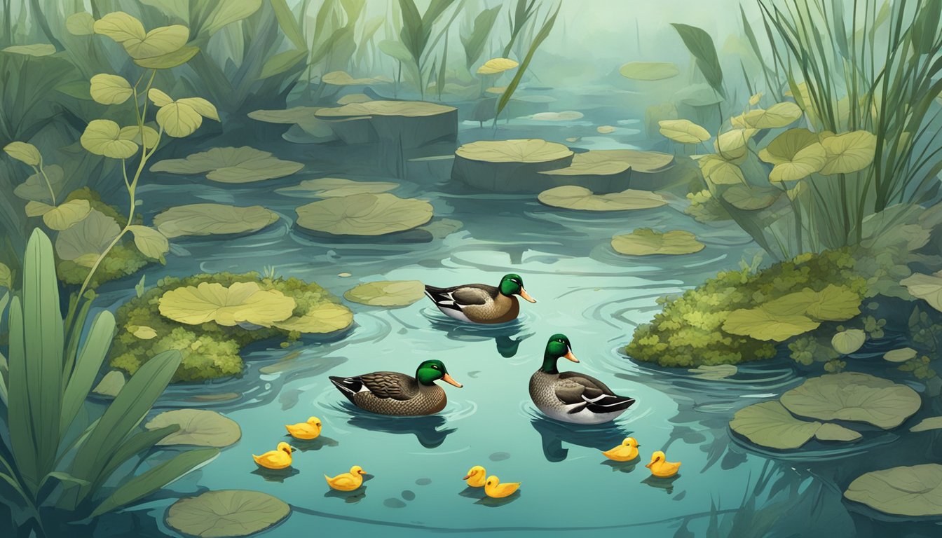 Ducks eating moldy bread, surrounded by sick fish and dying plants in a polluted pond