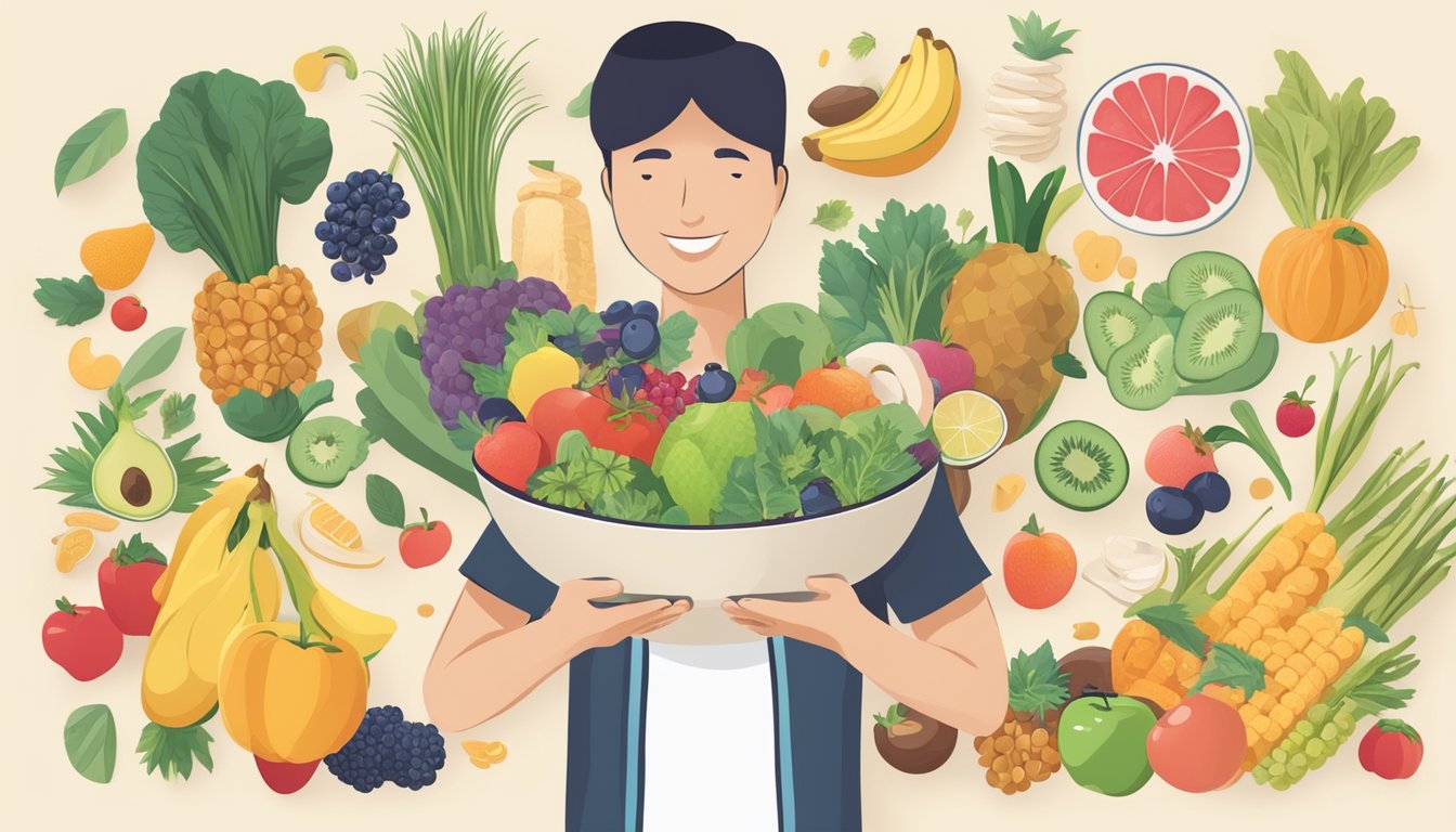 A person holding a bowl of arrowroot with a question mark above their head, surrounded by various health-related items such as fruits, vegetables, and vitamins