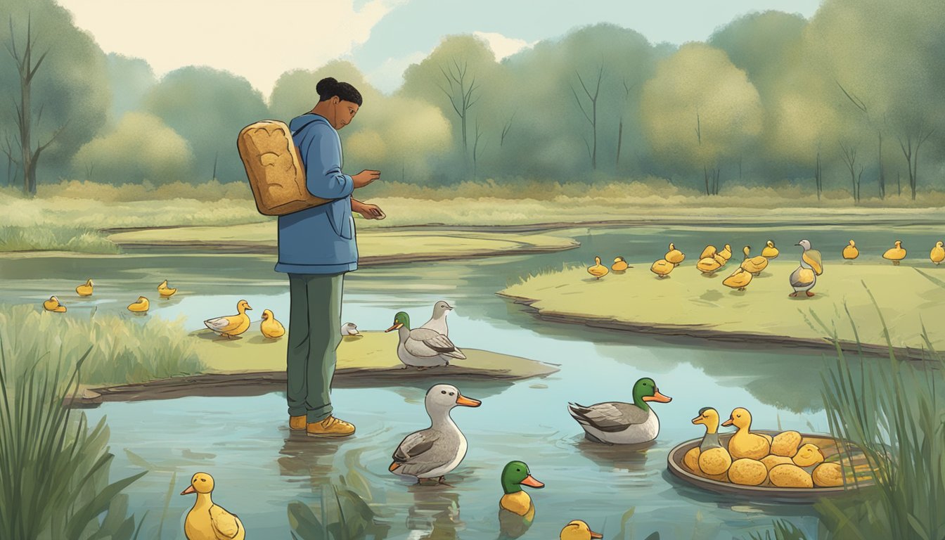 A person is standing by a pond, holding a loaf of moldy bread. Ducks are gathered nearby, eagerly eating the bread