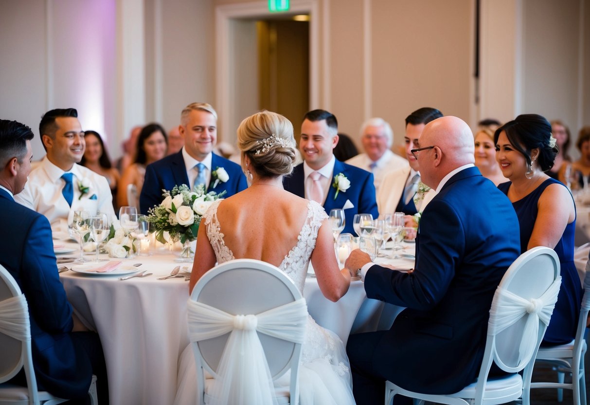 The mother of the groom sits at a round table with close family members, near the head table, with a view of the dance floor