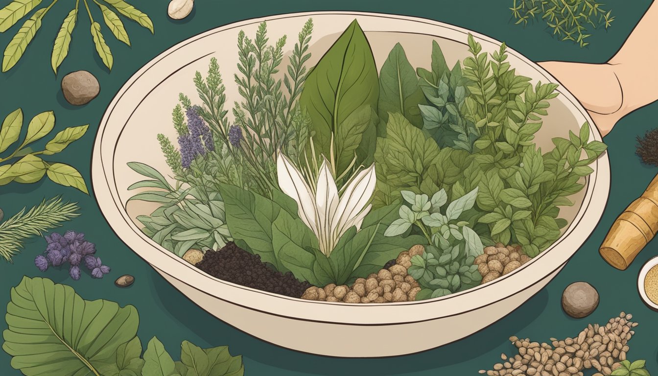 A person holding a bowl of arrowroot surrounded by various medicinal herbs and plants