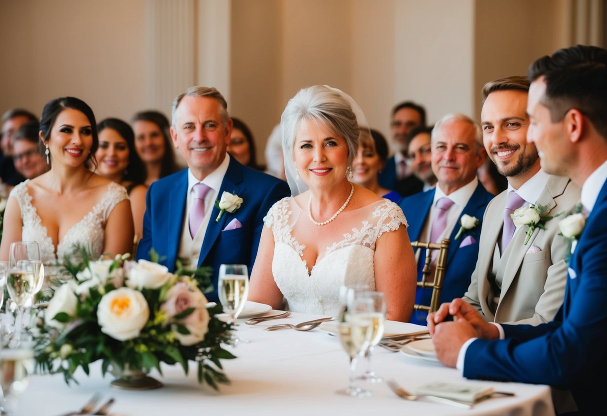 The mother of the groom sits at a round table near the head table, surrounded by family and close friends