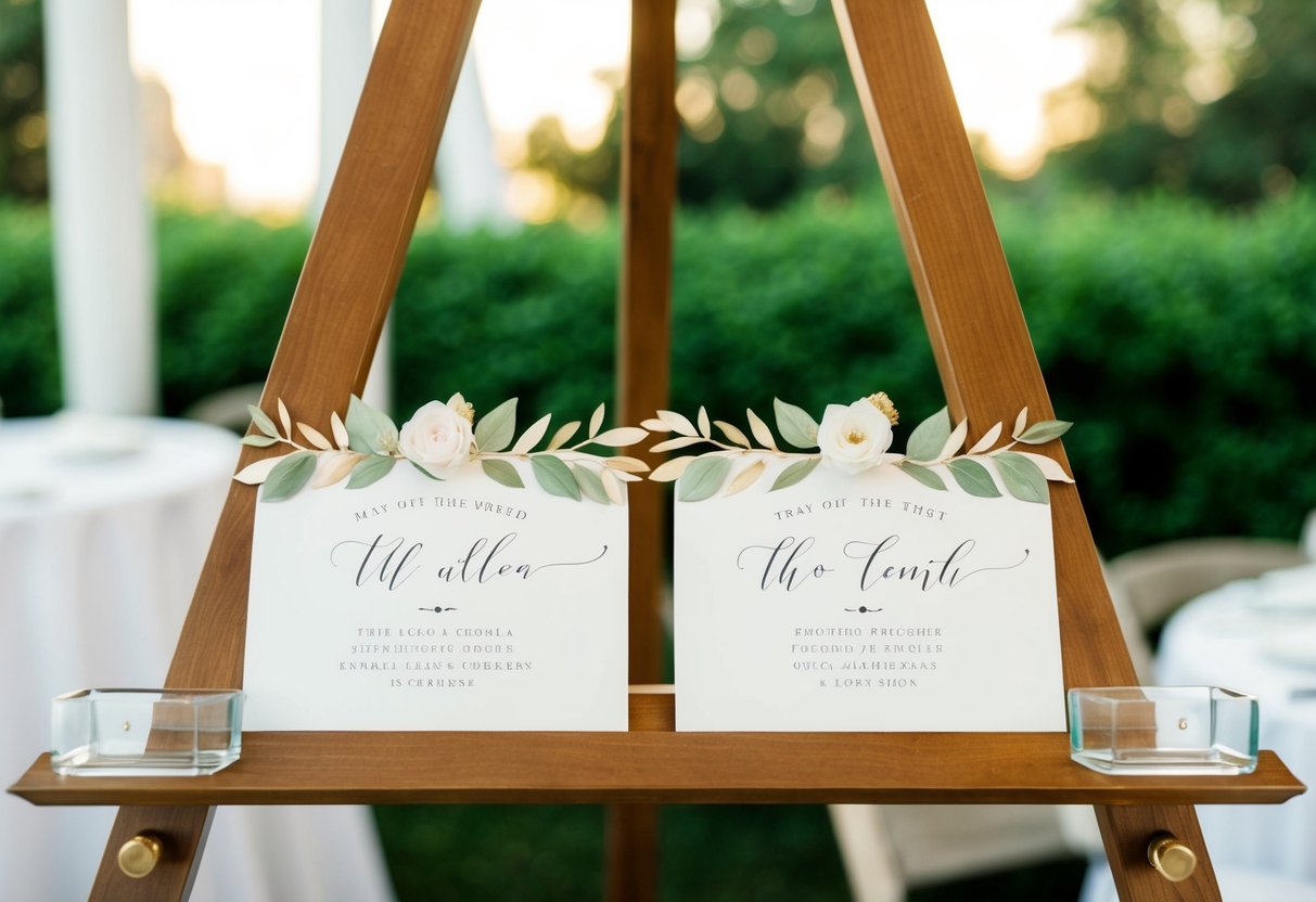 A seating chart with two adjoining place cards for a couple, elegantly displayed with matching calligraphy and decorative accents